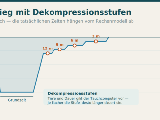 Schematisches Tauchprofil: Abstieg auf 40 Meter, Grundzeit, danach Aufstieg mit Zwischenstopps auf 12, 9, 6 und 3 Metern Tiefe, wobei die flacheren Stufen länger dauern.