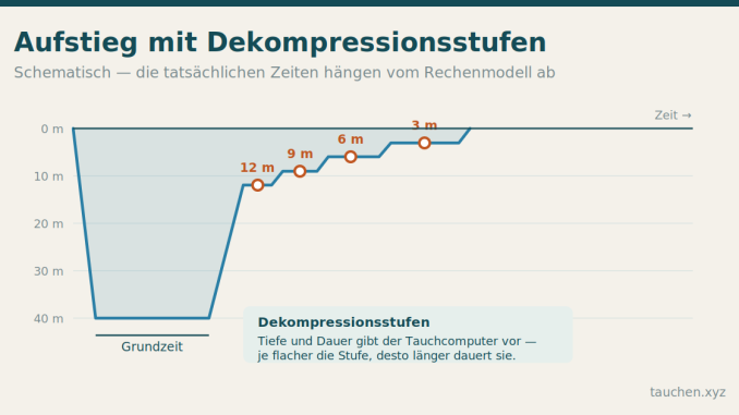 Schematisches Tauchprofil: Abstieg auf 40 Meter, Grundzeit, danach Aufstieg mit Zwischenstopps auf 12, 9, 6 und 3 Metern Tiefe, wobei die flacheren Stufen länger dauern.