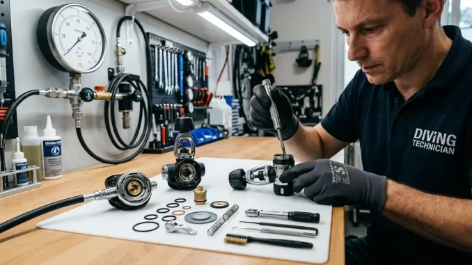 Techniker wartet einen zerlegten Atemregler mit O-Ringen und Werkzeugen.
