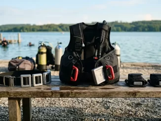 Bleisysteme im Vergleich mit Bleigurt, integriertem Blei und Trimmtaschen auf einer Tauchbank.