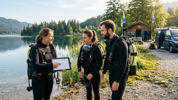 Tauchanfänger besprechen mit einer Tauchlehrerin ihren CMAS Einstern am Seeufer.