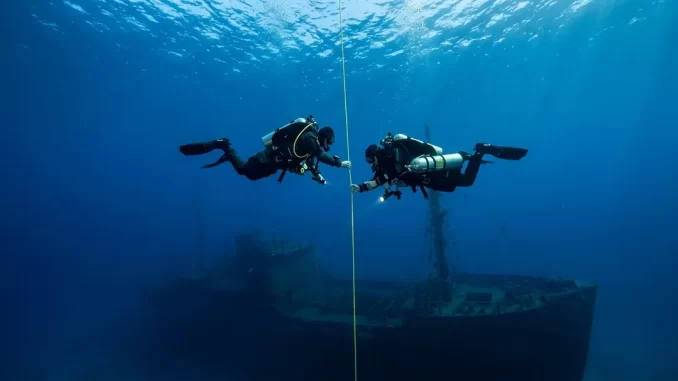 Zwei Taucher im Deep Diver Specialty steigen kontrolliert an einer Leine zu einem tief liegenden Wrack ab.