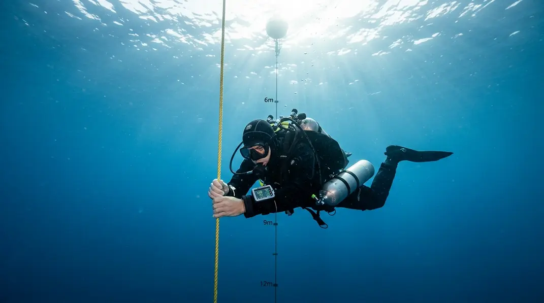 Technischer Taucher h&auml;lt an einer Bojenleine einen Dekompressionsstopp unter der Wasseroberfl&auml;che.