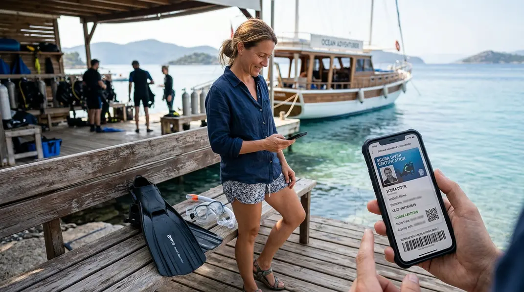 Taucherin prüft einen digitalen Nachweis für ihr verlorenes Brevet auf dem Smartphone.