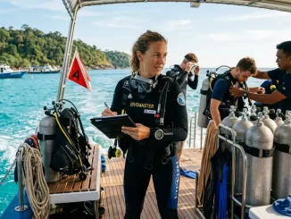 Divemasterin auf einem Tauchboot betreut Gäste und bereitet einen Tauchgang vor.