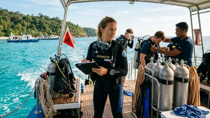 Divemasterin auf einem Tauchboot betreut Gäste und bereitet einen Tauchgang vor.