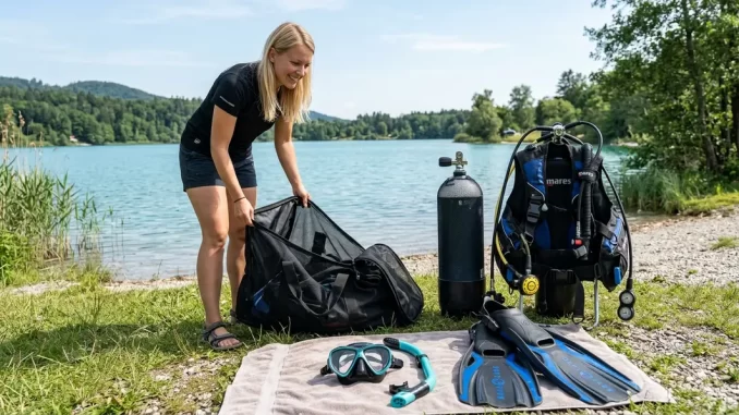 Tauchanfänger vergleicht eigene Tauchausrüstung mit geliehenem Tauchgerät am Seeufer.
