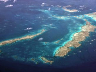 Luftaufnahme langgestreckter Riffe am nördlichen Great Barrier Reef mit türkisfarbenen Riffkanten in tiefblauem Wasser