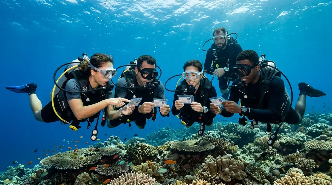 Vier Sporttaucher vergleichen unter Wasser ihre Brevetkarten über einem Korallenriff.