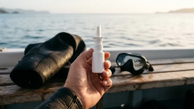Hand hält an Deck eines Tauchboots ein unbeschriftetes Nasenspray-Fläschchen, daneben Maske und Neoprenanzug.