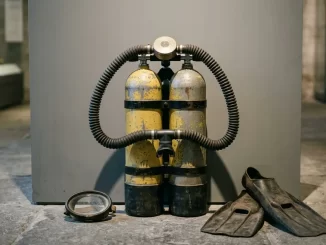 Historisches Zweischlauch-Tauchgeraet der 1950er Jahre mit zwei kniehohen Stahlflaschen, flachem Regler und zwei Faltenschlaeuchen, aufrecht in einem Ausstellungsraum.