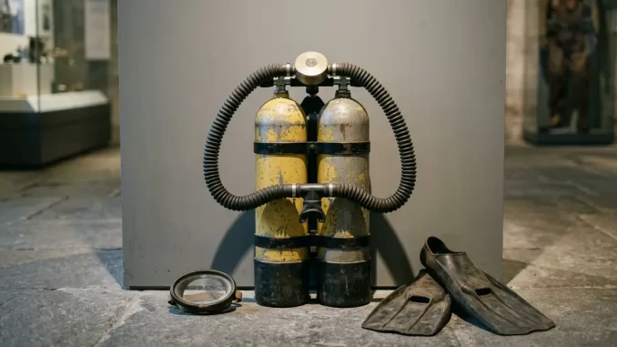 Historisches Zweischlauch-Tauchgeraet der 1950er Jahre mit zwei kniehohen Stahlflaschen, flachem Regler und zwei Faltenschlaeuchen, aufrecht in einem Ausstellungsraum.