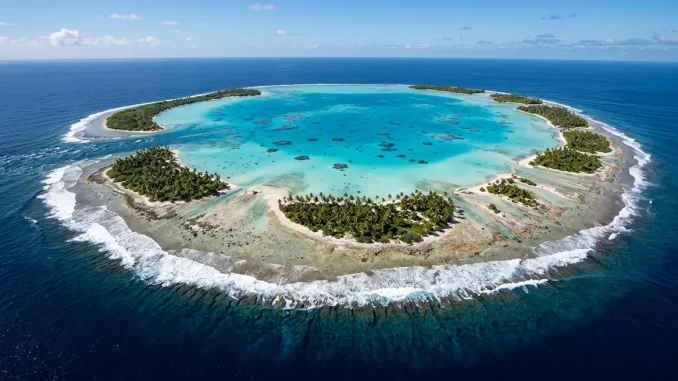 Luftaufnahme eines Atolls mit geschlossenem Riffring, Sandinseln, tuerkiser Lagune, Brandungslinie und einem Kanal zum offenen Meer