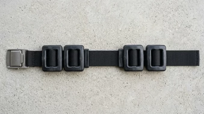Schwarzer Nylon-Bleigurt mit Edelstahlschnalle und vier aufgefaedelten, kunststoffummantelten Bleistuecken, flach ausgelegt.