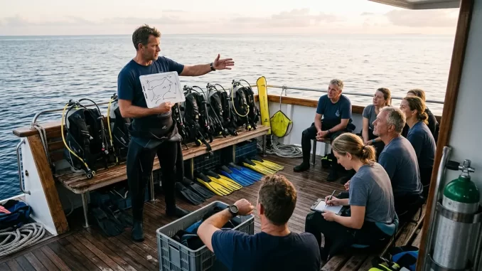 Tauchguide erklaert einer im Halbkreis sitzenden Gruppe an Bord den Tauchgang, mit Briefingtafel in der Hand