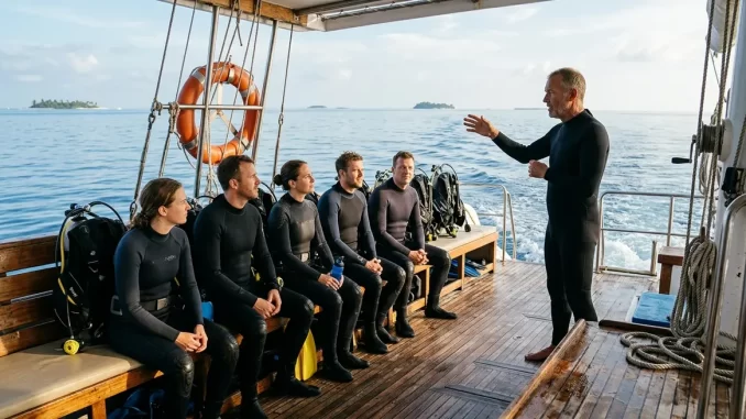 Ein Divemaster hält an Bord eines Tauchbootes das Briefing vor einer sitzenden Tauchergruppe.