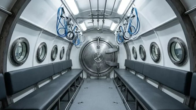 Blick in den Innenraum einer klinischen Mehrpersonen-Druckkammer mit Sitzbaenken, Bullaugen, Maskenanschluessen und Druckschleusentuer.