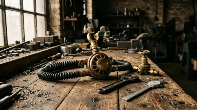 Früher Zweischlauch-Atemregler und ein Messingdruckminderer auf einer Werkbank in einer Werkstatt der 1940er Jahre.