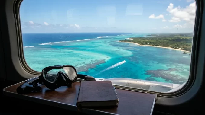 Blick aus einem Flugzeugfenster über eine Riffküste, im Vordergrund eine Tauchmaske auf dem Klapptischchen.
