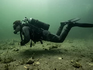 Taucher bewegt sich im Frogkick waagerecht dicht über einem sandigen Seegrund, ohne Sediment aufzuwirbeln.