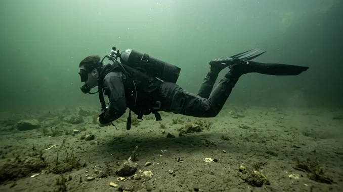Taucher bewegt sich im Frogkick waagerecht dicht über einem sandigen Seegrund, ohne Sediment aufzuwirbeln.