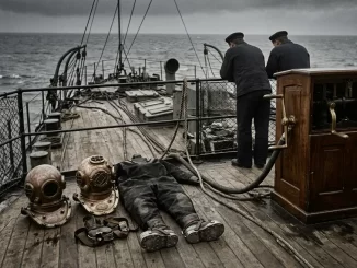 Zwei Kupferhelme, Trockenanzug und handkurbelbetriebene Luftpumpe auf dem Holzdeck eines Schiffs der Jahrhundertwende