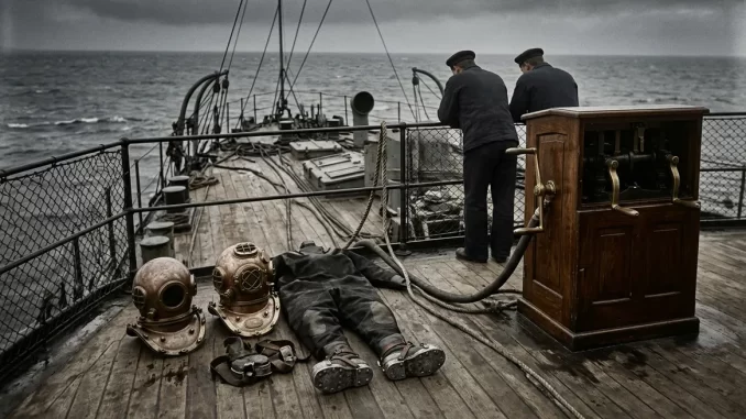 Zwei Kupferhelme, Trockenanzug und handkurbelbetriebene Luftpumpe auf dem Holzdeck eines Schiffs der Jahrhundertwende