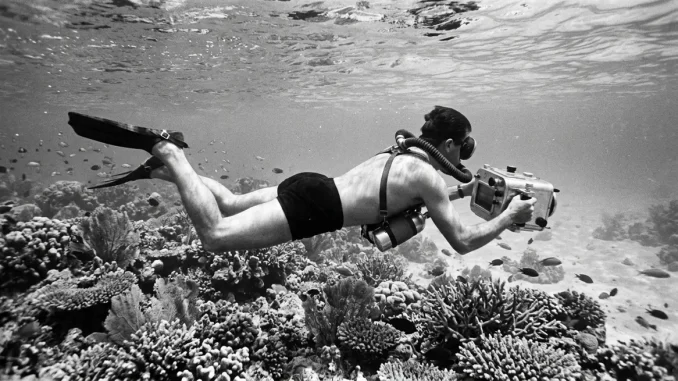 Schwimmtaucher der 1950er Jahre mit Kreislaufgerät und großem Unterwasser-Kameragehäuse über einem Korallengrund.