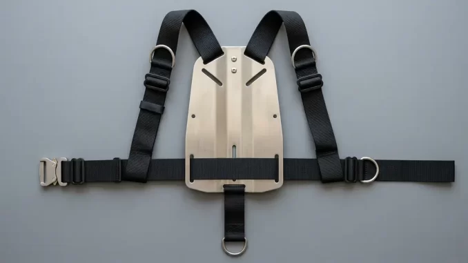 Rueckenplatte mit durchgehendem Nylon-Gurtband, gekroepften D-Ringen, Hueftgurt mit Gurtschnalle und Schrittgurt