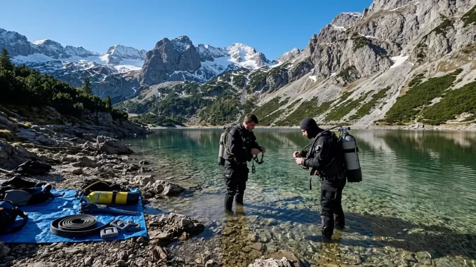 Zwei Taucher im Trockenanzug ruesten sich am steinigen Ufer eines klaren Bergsees vor steilen Felshaengen aus