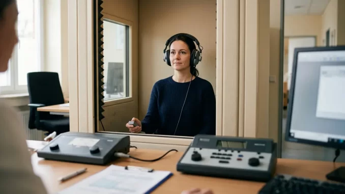 Hörprüfung in einer schallgedämmten Kabine: Eine Person mit Audiometrie-Kopfhörern hält den Signalknopf in der Hand.