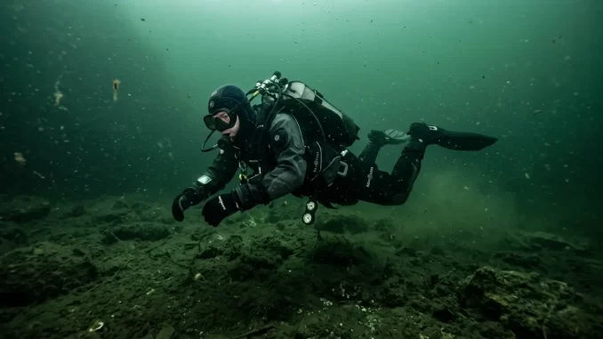 Taucher im Trockenanzug mit Handschuhen und Kopfhaube in kaltem, grünlichem Süßwasser