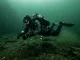Taucher im Trockenanzug mit Handschuhen und Kopfhaube in kaltem, grünlichem Süßwasser