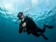 Ein Taucher schwimmt mit dem Automaten im Mund unter gleichmäßigem Ausatmen zur Wasseroberfläche.