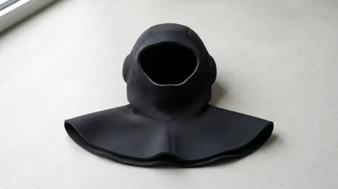 Schwarze Neopren-Kopfhaube mit breitem Schulterlatz auf hellem Untergrund, Gesichtsöffnung und Ohrwölbungen sichtbar.