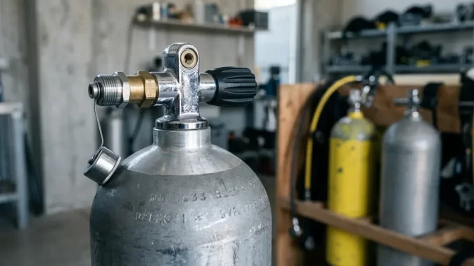 Schulter und Hals einer Stahl-Tauchflasche mit Ventil; die blanke Prägefläche am Flaschenhals ist erkennbar, die Zeichen darauf sind unscharf.