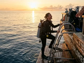 Taucher steigt am Ende des Tauchtages über die Leiter der Tauchplattform zurück an Bord