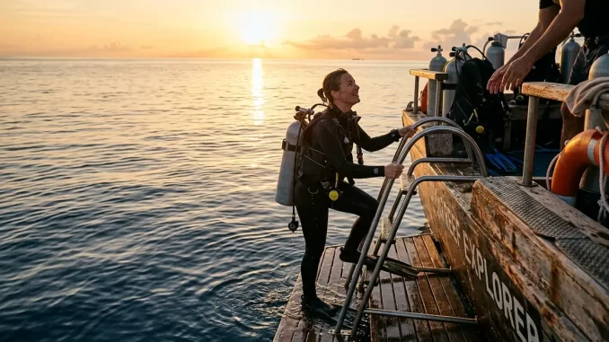 Taucher steigt am Ende des Tauchtages über die Leiter der Tauchplattform zurück an Bord