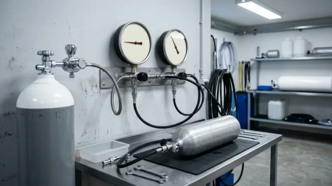Sauerstoffflasche mit weißer Flaschenschulter und Druckminderer neben einer Tauchflasche an der Füllleiste im Mischraum einer Tauchbasis.