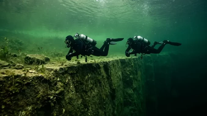 Zwei Taucher schwimmen in gleichbleibender Tiefe waagerecht an einer geraden Abbruchkante entlang.