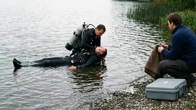 Rettungsübung an der Oberfläche: Ein Taucher schleppt einen reglos treibenden Taucher zum Ufer.