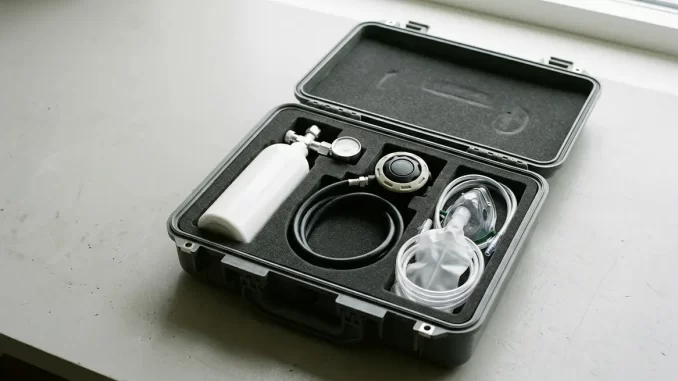 Geöffneter Notfall-Sauerstoffkoffer mit Sauerstoffflasche, Druckminderer, Demand-Ventil und Maske mit Reservoirbeutel.