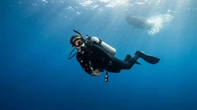Taucher hält im Mittelwasser inne und dreht den Kopf, während im Hintergrund ein Motorboot über ihn hinwegfährt.