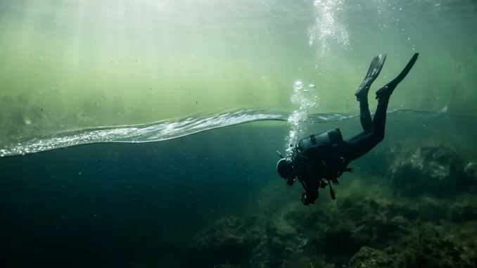 Taucher sinkt in einem See durch die flimmernde Sprungschicht, darunter wird das Wasser dunkler.