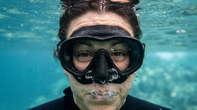 Gesicht einer Taucherin dicht unter der Wasseroberfläche hinter einer eng anliegenden Tauchmaske, darunter aufsteigende Luftblasen.
