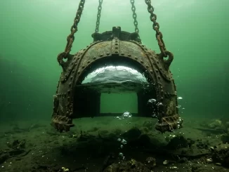 Eine unten offene Taucherglocke aus Metall hängt an Ketten unter Wasser, unter ihrer Decke steht ein silbrig spiegelndes Luftpolster.