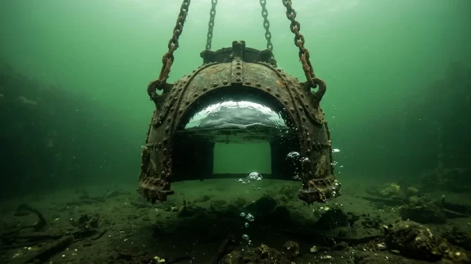 Eine unten offene Taucherglocke aus Metall hängt an Ketten unter Wasser, unter ihrer Decke steht ein silbrig spiegelndes Luftpolster.