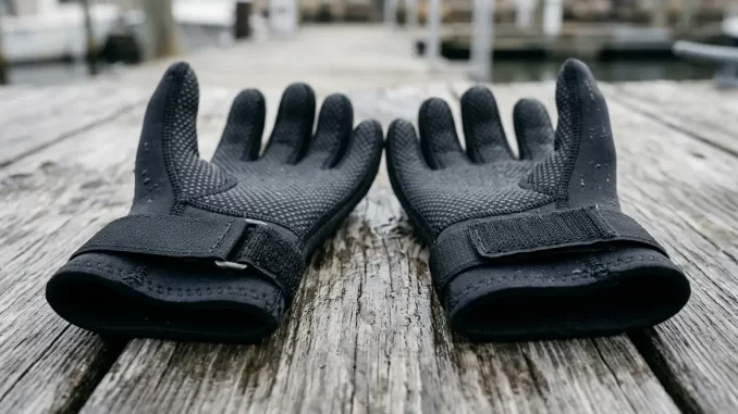 Ein Paar schwarze Neopren-Tauchhandschuhe mit genoppter Griffbeschichtung und Klettverschluss am Handgelenk liegt auf einem nassen Holzsteg.