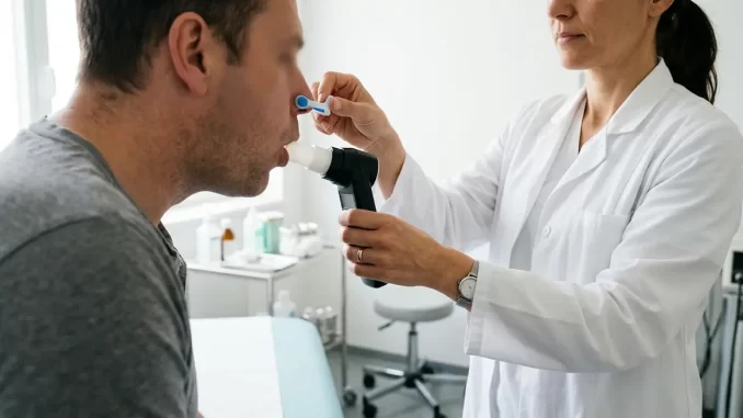 Ärztliche Untersuchung: Eine Person atmet bei einer Lungenfunktionsprüfung in das Mundstück eines Spirometers.