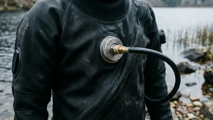 Einlassventil mit eingestecktem Mitteldruckschlauch auf der Brust eines Trockentauchanzugs.